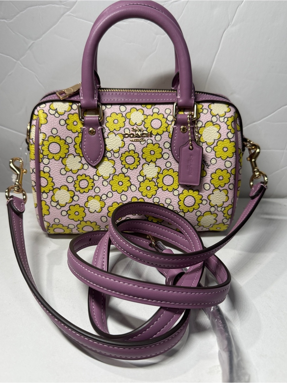 Coach Lavender and Yellow Floral pink Crossbody Satchel Mini Rowan  cbm69 lilac